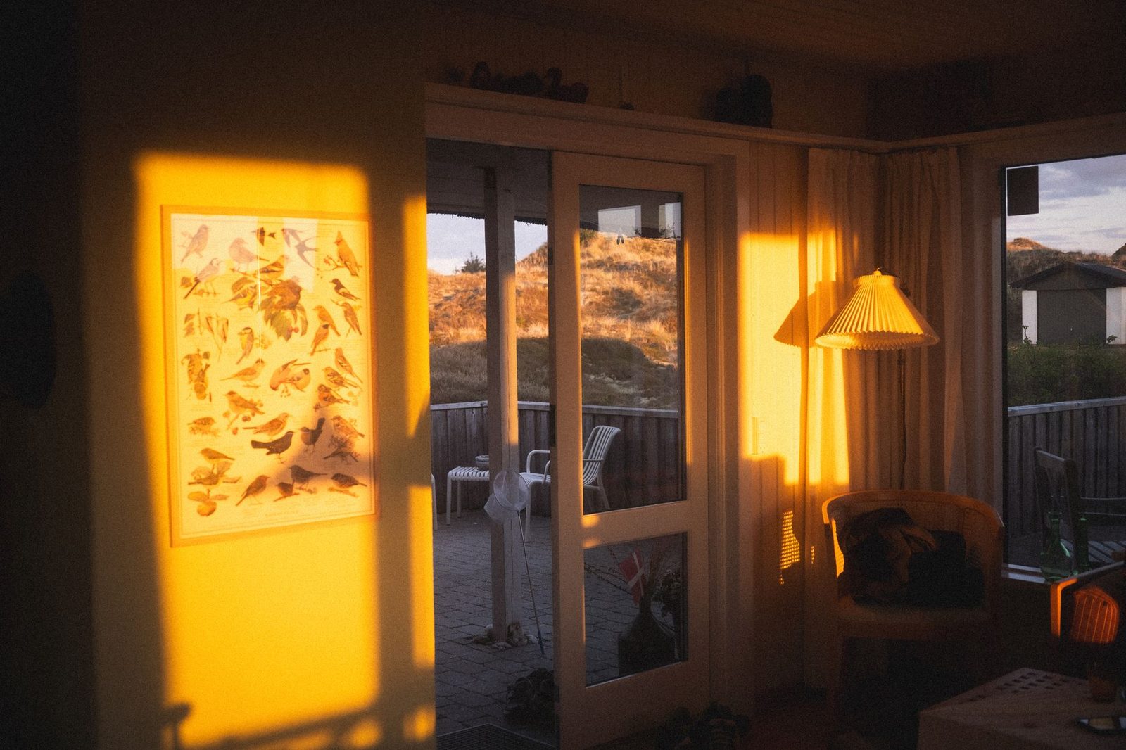 Warm sunset lighting fills a cozy room overlooking a nature scene, creating a serene atmosphere.
